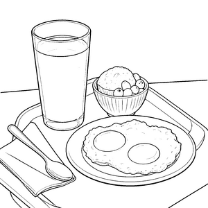 Fröhliches Frühstück mit Spiegelei und Saft Ausmalbild für junge Genießer