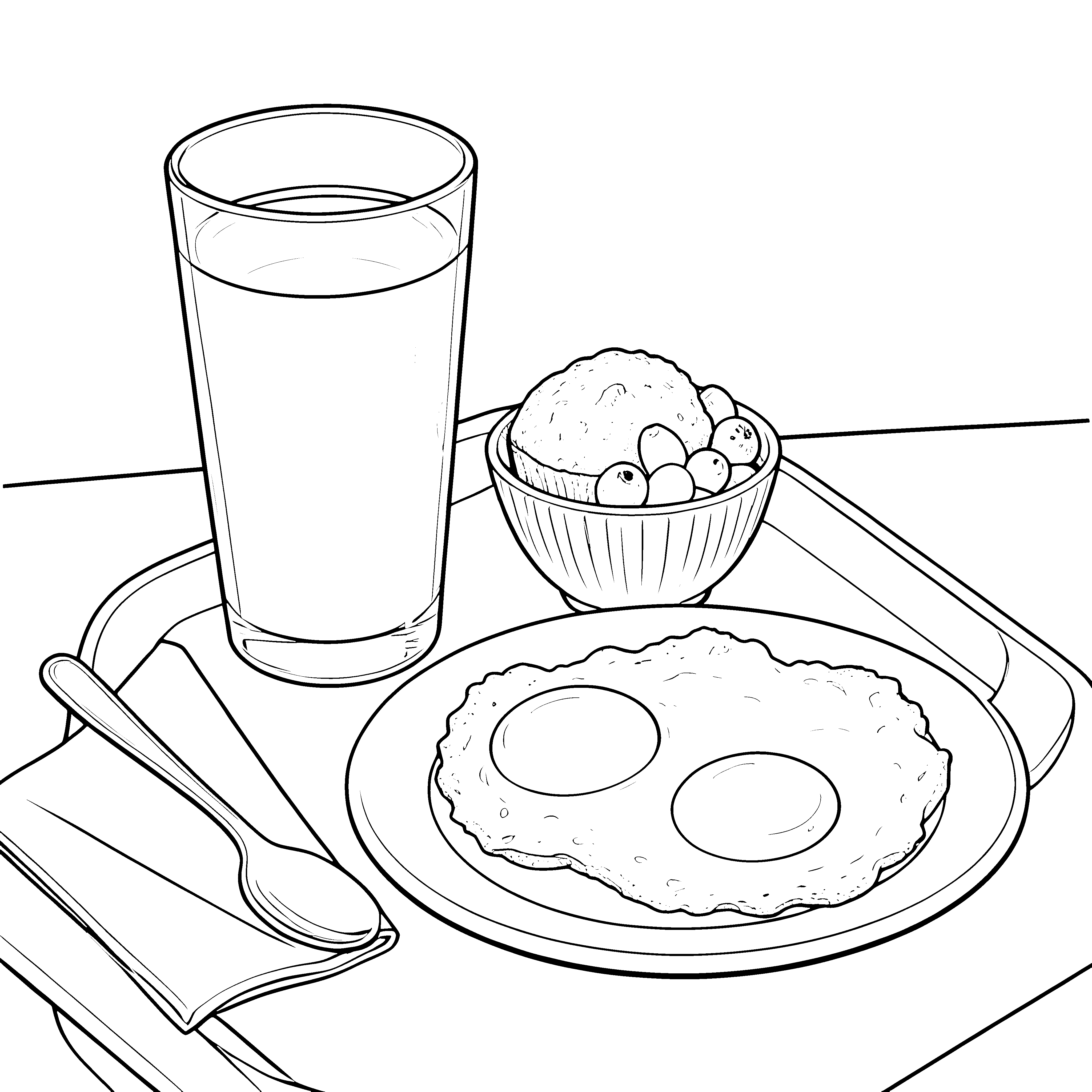 Fröhliches Frühstück mit Spiegelei und Saft Ausmalbild für junge Genießer