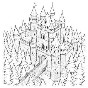 Wilde Ritterburg im Nadelwald Malbild für Waldgeister