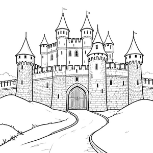 Imposante Ritterburg mit Burgtor Ausmalbild für kleine Spürnasen