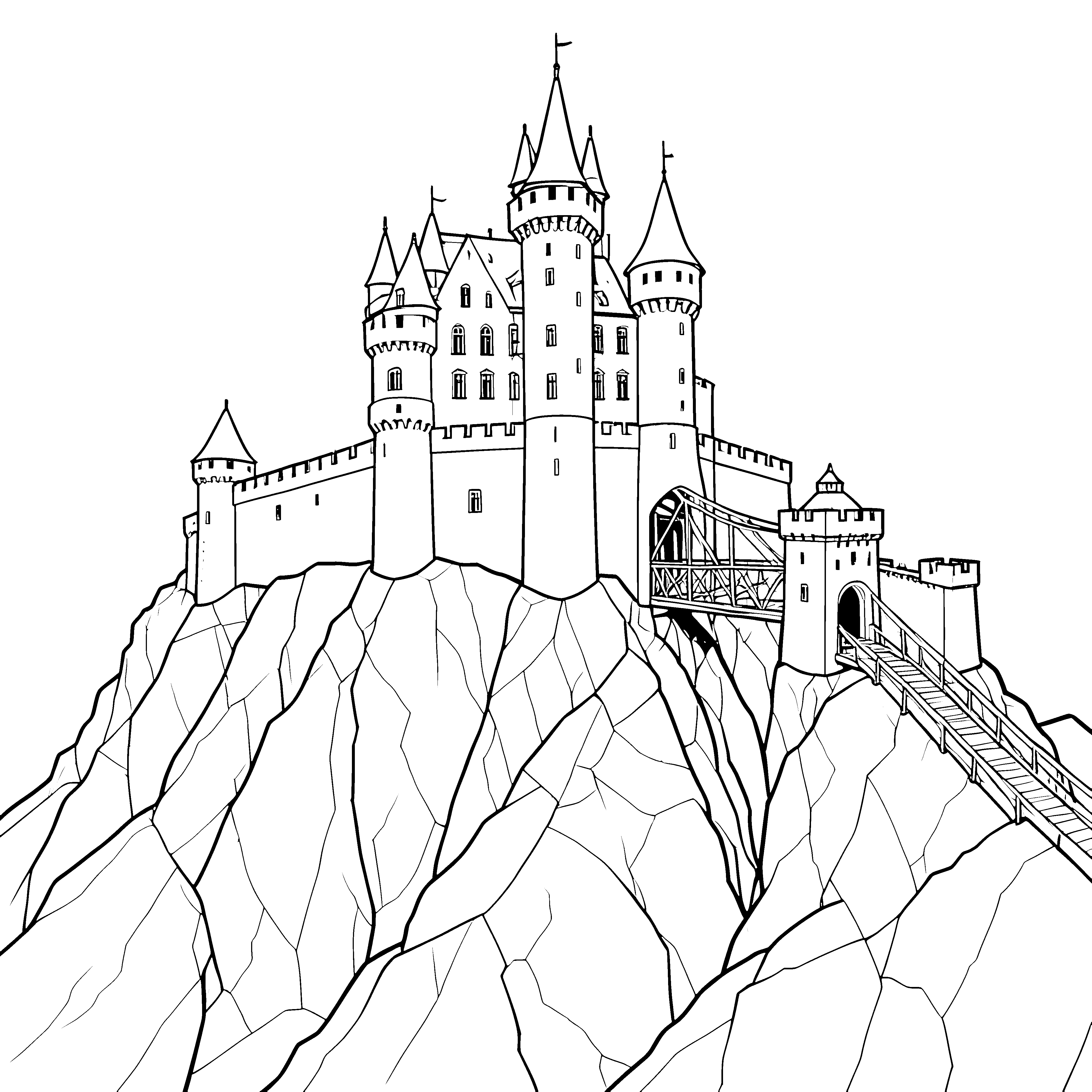 Stolze Ritterburg auf Felsen mit Holzbrücke Ausmalbild für neugierige Hobbygärtner