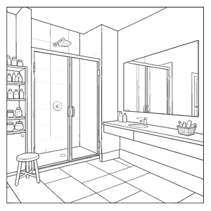 Modernes Badezimmer mit Dusche und Waschbecken Ausmalvorlage für kleine Bastler
