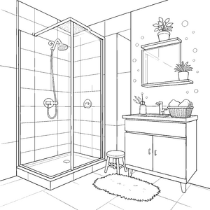 Helles Badezimmer mit Dusche und Waschbecken Malbild für kreative Frühaufsteher