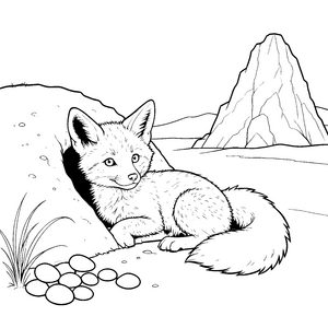 Sanftes Wüstenfuchs-Baby bei Steinen Ausmalvorlage für neugierige Tierfreunde
