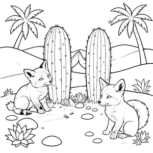 Verspielte Wüstenfuchs-Babys bei Kakteen Malvorlagen für kleine Abenteurer Ausmalbild