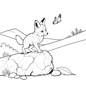 Aufmerksames Wüstenfuchs-Baby mit Schmetterling Malbild für kleine Tierfreunde