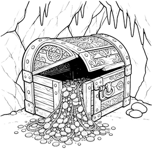 Überquellende Schatztruhe in der Höhle Malbild für junge Abenteurer