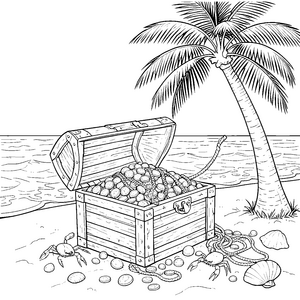 Prunkvolle Schatztruhe am Strand mit Krabben Ausmalvorlage für mutige Weltenbummler