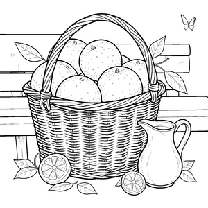 Üppiger Korb mit Grapefruits und Krug Malbild für kreative Weltenbummler