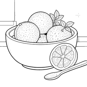 Reife Grapefruits in Schale mit Löffel Malvorlage für kleine Genießer
