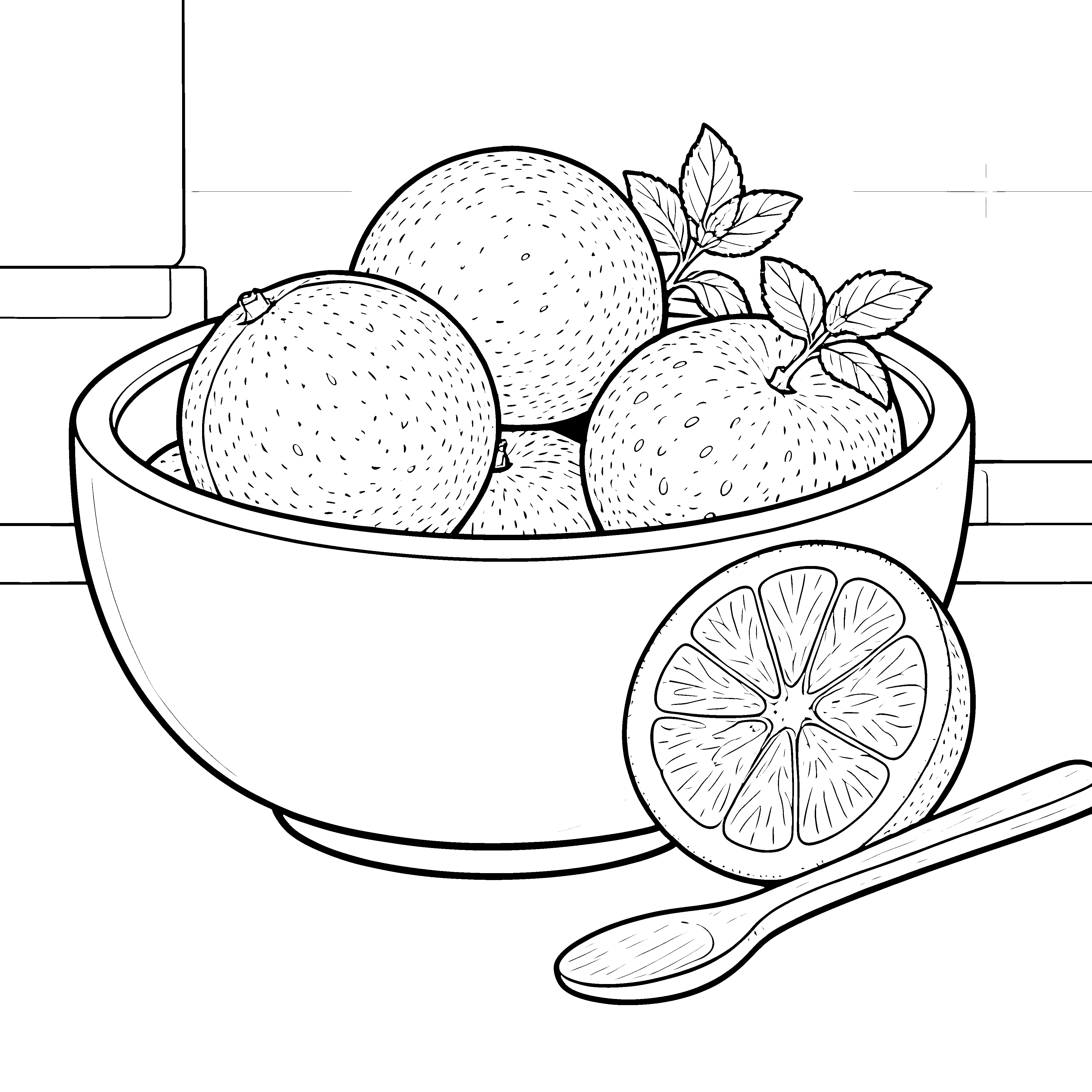 Reife Grapefruits in Schale mit Löffel Malvorlage für kleine Genießer