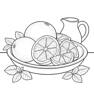 Aromatische Grapefruits mit Krug Ausmalvorlage für kreative Hobbyköche