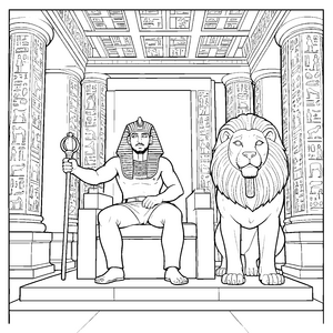Mächtiger Pharao mit Löwe auf Thron Ausmalbild für junge Palastbewohner