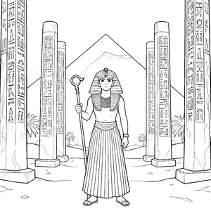 Stolzer Pharao vor Pyramide und Säulen Malbild für neugierige Abenteurer