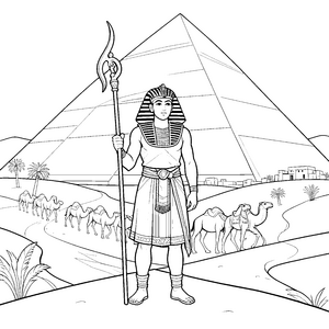 Stolzer Pharao mit Zepter vor Pyramide Ausmalbild für verträumte Weltenbummler