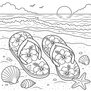Bunte Flip-Flops mit Hibiskusblüten Ausmalbild für fröhliche Weltenbummler