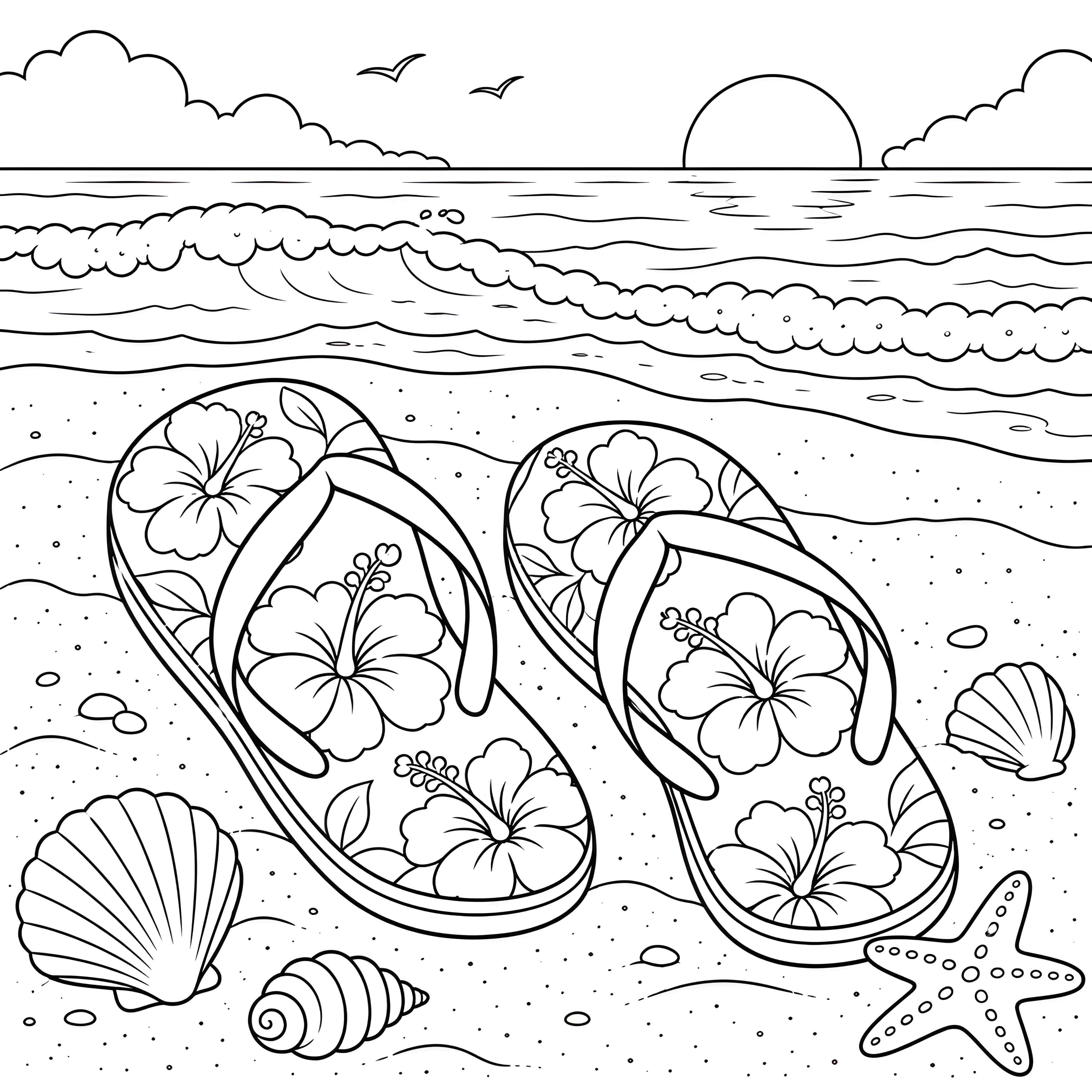 Bunte Flip-Flops mit Hibiskusblüten Ausmalbild für fröhliche Weltenbummler