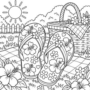 Sommerliche Flip-Flops mit Picknickkorb Ausmalbild für Sonnenanbeter