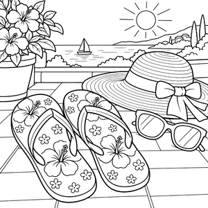 Sonnige Flip-Flops mit Sonnenhut Malvorlage für junge Strandkinder