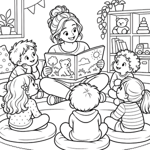 Begeisterte Erzieherin beim Vorlesen Malvorlage für kleine Bücherwürmer