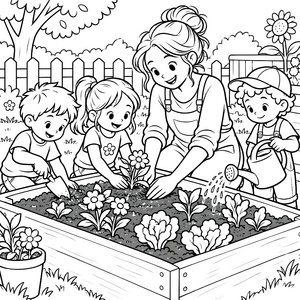 Freundliche Erzieherin beim Gärtnern im Hochbeet Malbild für kleine Naturfreunde