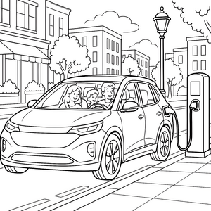Lächelndes Elektroauto an der Ladestation Malvorlage für kreative Zukunftsdenker