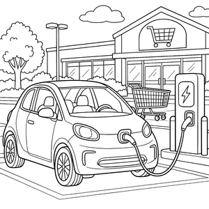 Powervolles Elektroauto an der Ladestation Malbild für fröhliche Bastler