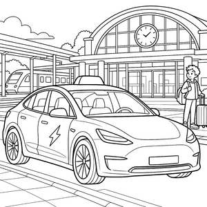 Schnelles Elektroauto vor dem Bahnhof Ausmalvorlage für Weltenbummler