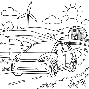 Dynamisches Elektroauto auf dem Landweg Malbild für junge Abenteurer