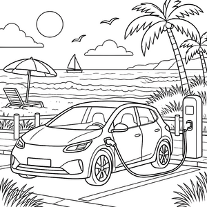 Sonniges Elektroauto am Strand Malvorlage für kleine Weltenbummler