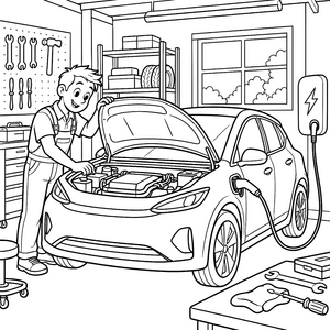 Fleißiger Mechaniker am Elektroauto Ausmalvorlage für kleine Bastler