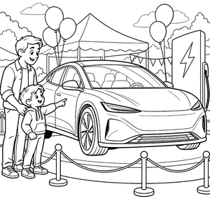 Modernes Elektroauto auf der Messe Ausmalvorlage für mutige Technikfreunde