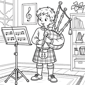 Konzentrierter Dudelsackspieler mit Notenmalbild für kleine Musikfreunde Ausmalbild