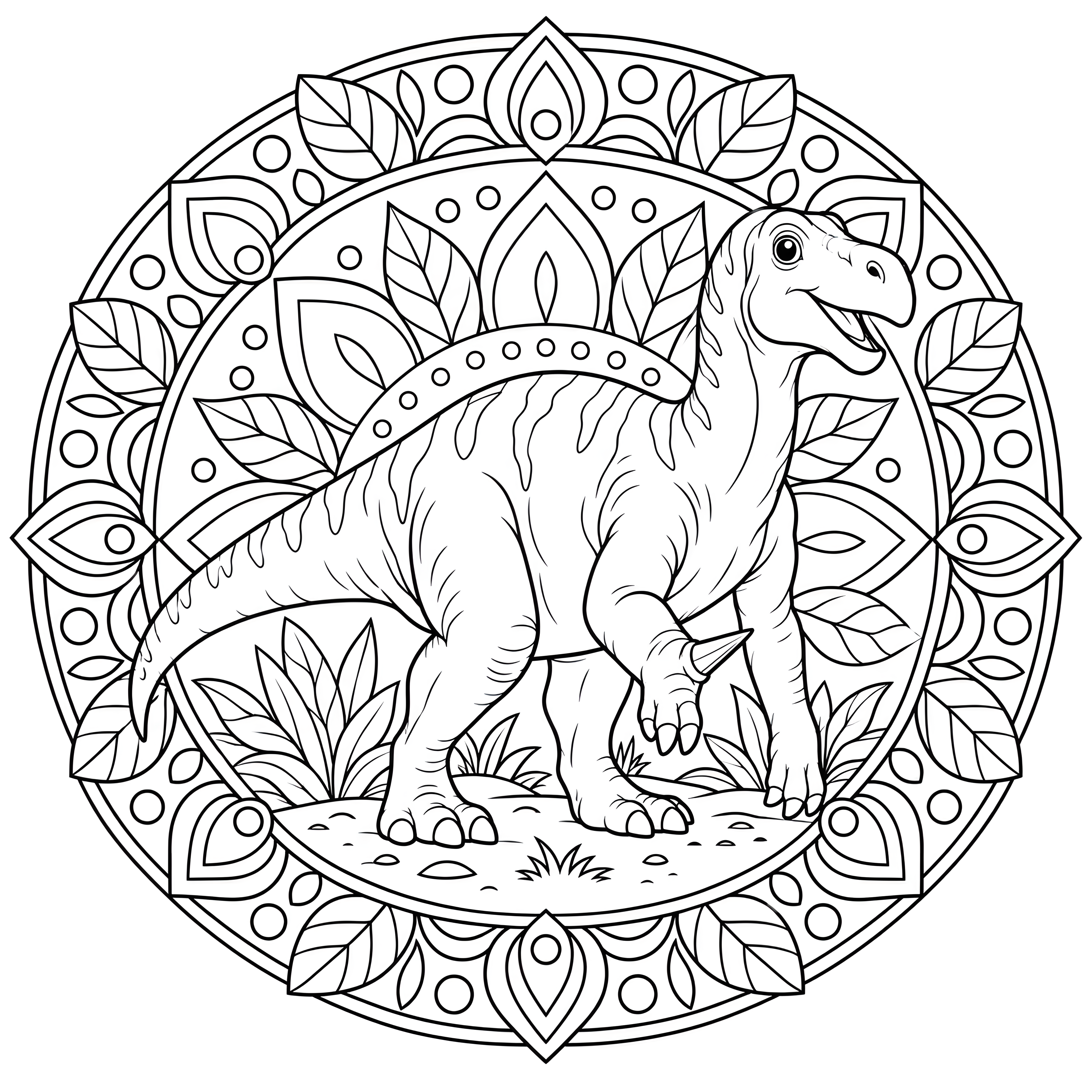 Stolzer Dinosaurier im Blättermuster Ausmalbild für kreative Spürnasen