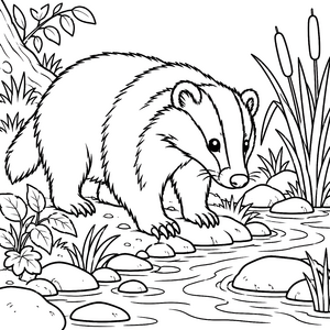 Wachsamer Dachs am Bachufer Malbild für kleine Wasserratten