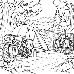 Abenteuerlicher Campingplatz mit Fahrrädern und Zelt Malbild für neugierige Spürnasen