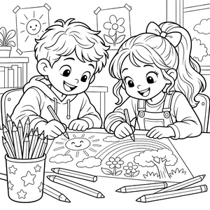 Verspielte Kinder mit vielen Buntstiften Ausmalbild für verträumte Tüftler