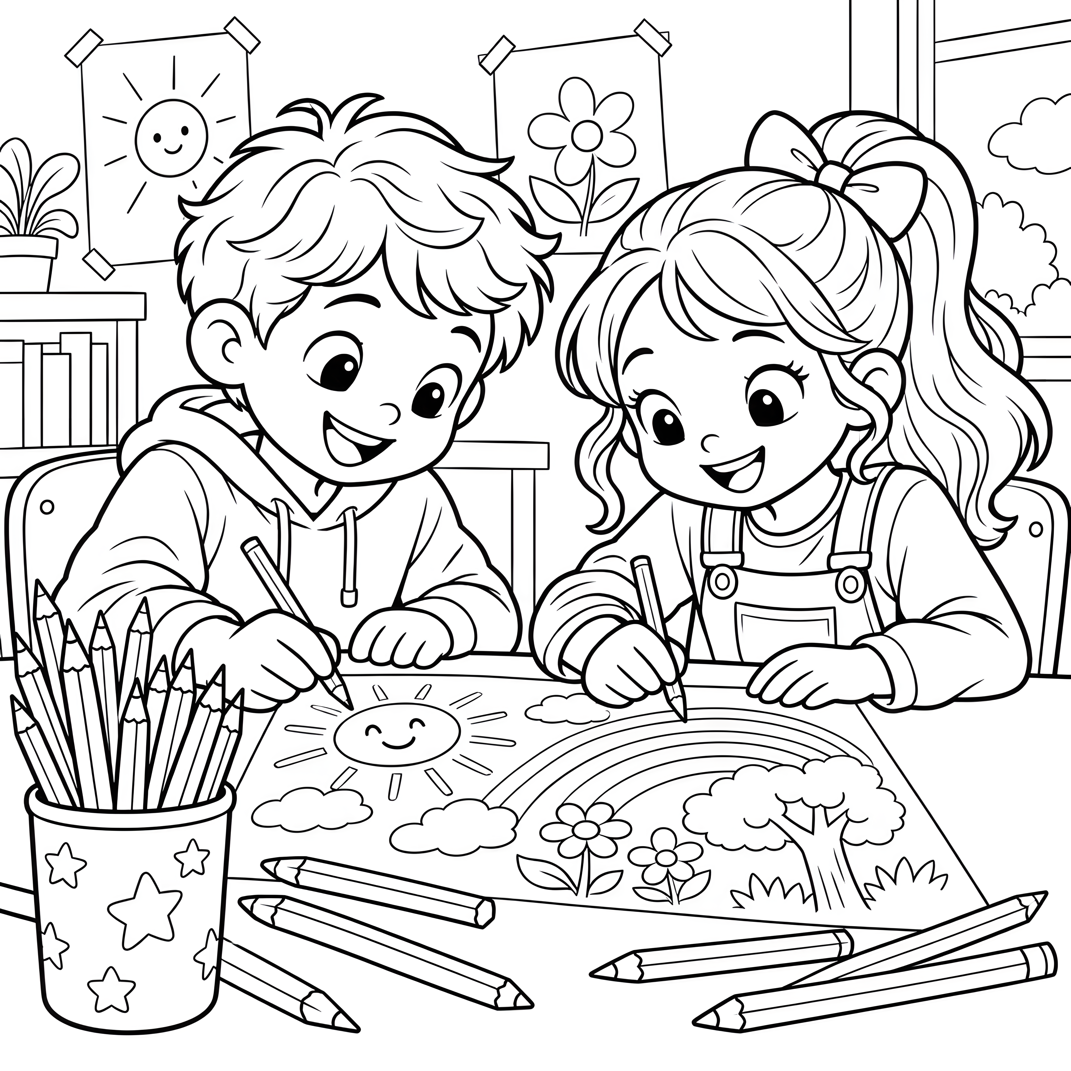 Verspielte Kinder mit vielen Buntstiften Ausmalbild für verträumte Tüftler