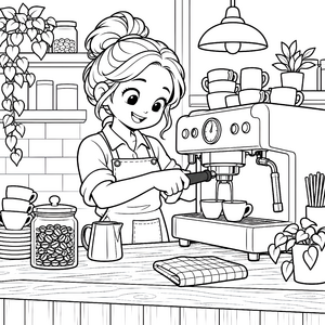 Freundlicher Barista mit Espressomaschine Ausmalbild für junge Tüftler