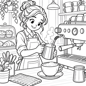 Herzlicher Barista mit Milchschäumer Ausmalbild für kreative Genussmenschen