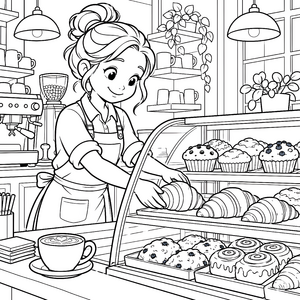Begeisterte Baristas mit Croissants Ausmalvorlage für kleine Naschkatzen