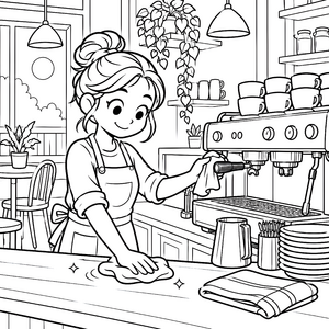 Fleißige Baristas an der Espressomaschine Ausmalbild für kleine Entdecker