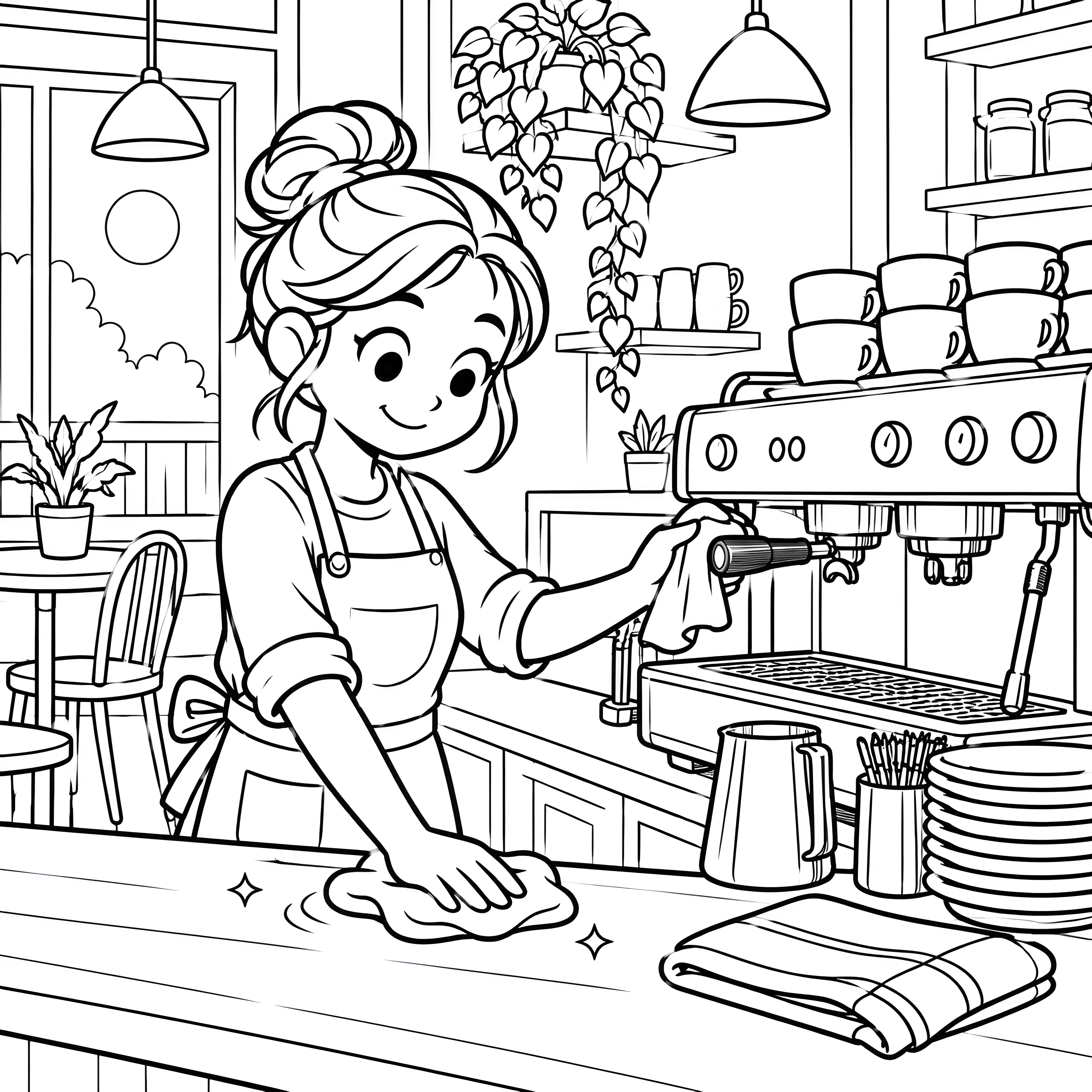 Fleißige Baristas an der Espressomaschine Ausmalbild für kleine Entdecker