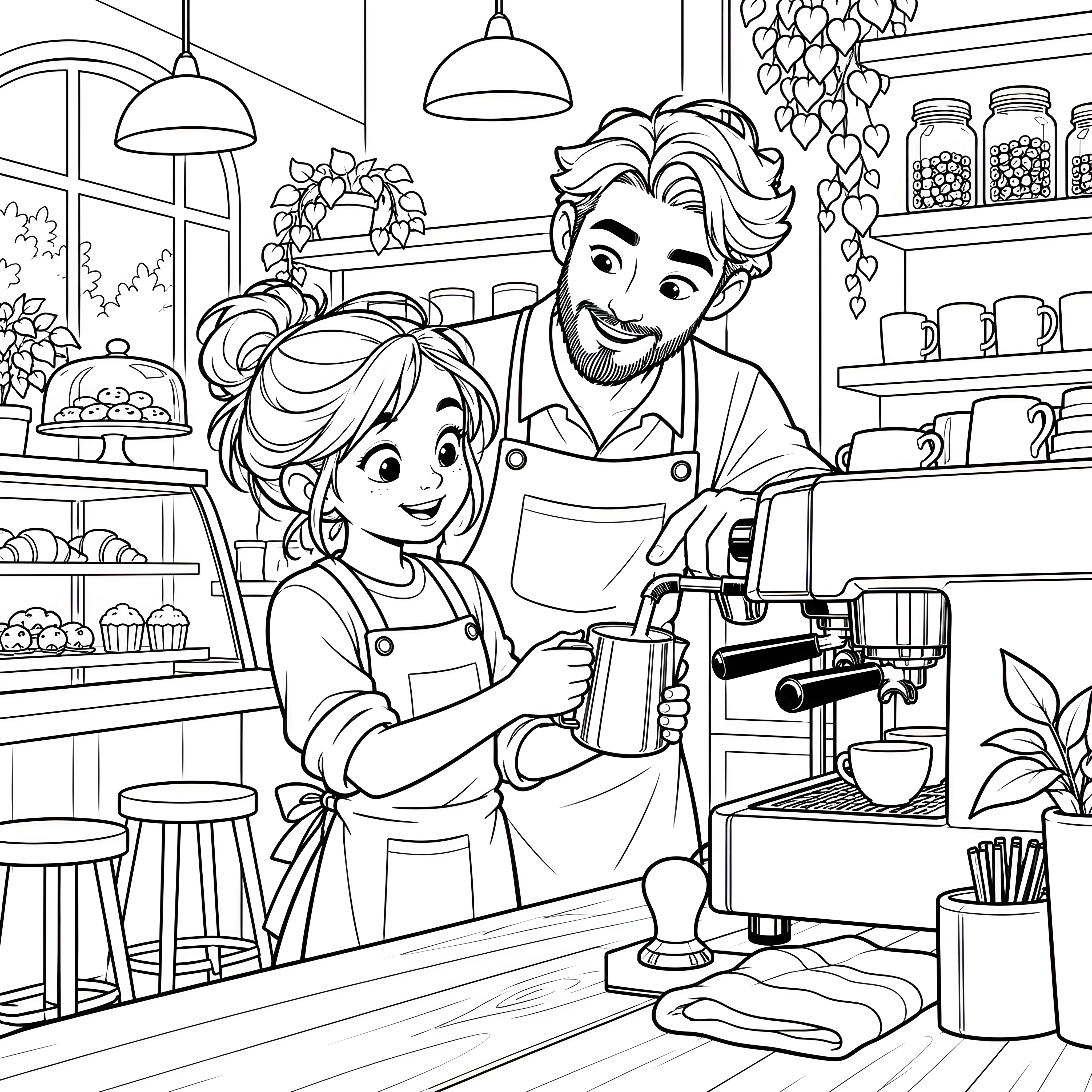 Heiterer Barista mit Mädchen an der Espressomaschine Ausmalbild für kleine Hobbyköche