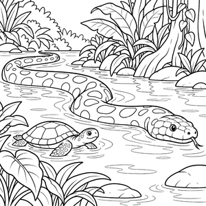 Gewaltige Anakonda mit Schildkröte im Fluss Malbild für kleine Wasserratten