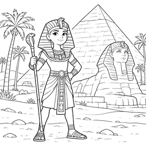 Stolzer Pharao vor der Sphinx Ausmalvorlage für fröhliche Weltenbummler