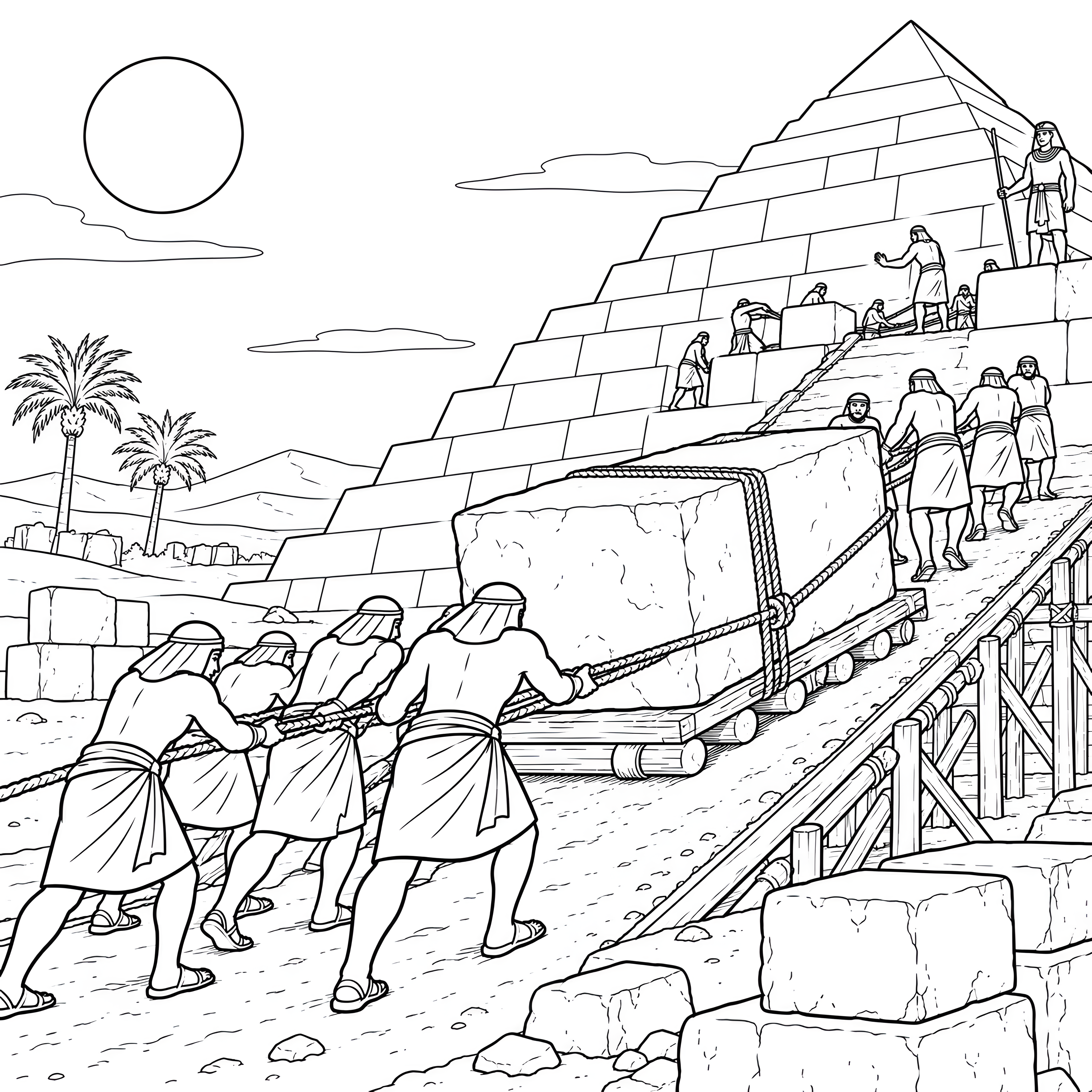 Kraftvolle Pyramidenbauer am Steinblock Malvorlage für kleine Spürnasen