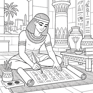 Konzentrierter Schreiber an Hieroglyphen-Malbild für mutige Schriftsteller