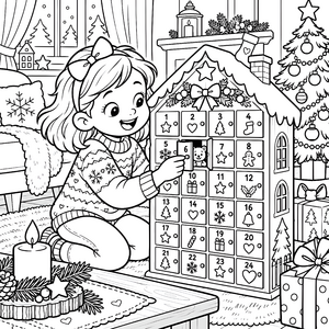 Fröhlicher Adventskalender mit Mädchen Malvorlage für kleine Weltenbummler