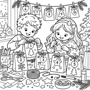 Fröhliche Kinder am Adventskalender Ausmalvorlage für neugierige Tüftler